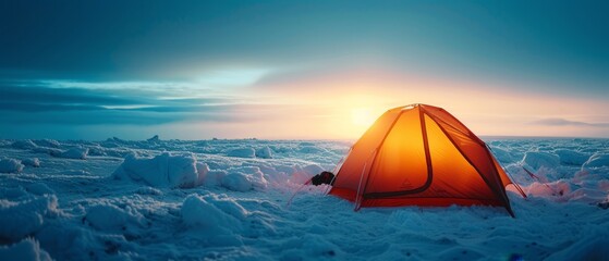 Glowing tent in a snowy Arctic landscape at dusk, showcasing serene yet harsh environment.