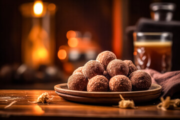 Indulge guilt free in these energy balls nutrient packed bliss bites made with dates, hazelnuts, and cocoa powder. A delectable treat for health conscious snacking. - obrazy, fototapety, plakaty