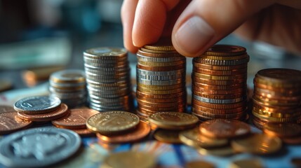 Hand Stacking Coins for Financial Growth - obrazy, fototapety, plakaty