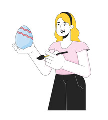 Easter egg painting woman caucasian 2D linear cartoon character. Holding egg smiling young female isolated line vector person white background. April eastertime custom color flat spot illustration