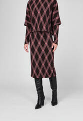 Brown women's luxury Classic Long Maxi pleated skirt, costume on model isolated on white background. Woman wearing Midi checked plaid Skirt, summer autumn outfit. Top view. Template, concept