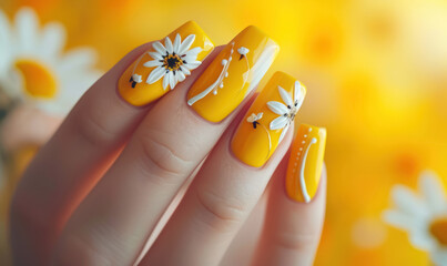 cheerful yellow nail polish with daisy flower patterns - obrazy, fototapety, plakaty
