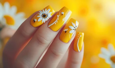 Poster cheerful yellow nail polish with daisy flower patterns © Klay