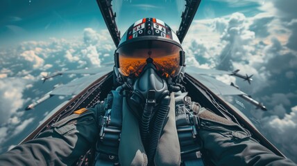 Fighter pilots cockpit view under cloudy blue sky - obrazy, fototapety, plakaty