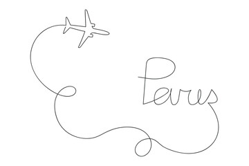 Plane to Paris drawn in one continuous line. One line drawing, minimalism. Vector illustration.