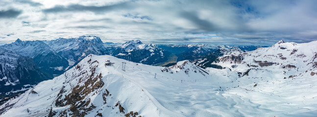 Panorama of winter skiing in Hasliberg Meiringen, Bernese Oberland, Switzerland