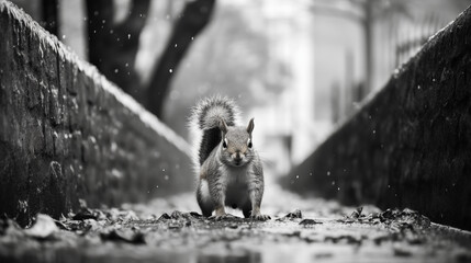 Squirrel on a Snowy Urban Pathway in Black and White