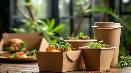 Experience the delight of home dining with an array of delectable takeaway food served in eco-friendly paper containers, creating a perfect blend of convenience and sustainability for your mealtime - obrazy, fototapety, plakaty