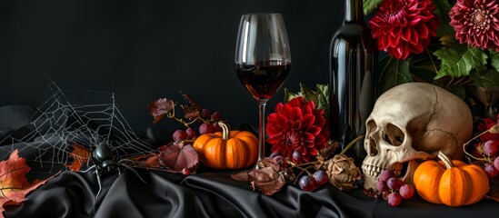 Spooky Halloween decorations include a skull, wine, flowers, and a spider web on black cloth.