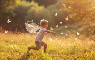 A child boy with a net chases butterflies in a sunlit, grassy field, embodying innocence and the magic of summer.