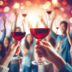 Hands holding glasses of red wine and people cheering on pastel bokeh background