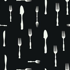 Cutlery Silhouette Icons Seamless Pattern on Black Background - Abstract Kitchen Utensil Design