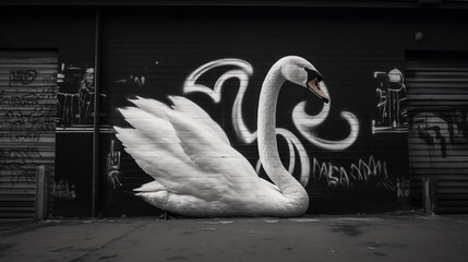 Swan in Stark Contrast with Graffiti Wall in Urban Setting