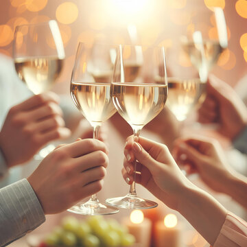 Hands holding glasses of white wine and people cheering on pastel bokeh background