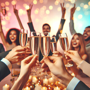 Hands holding glasses of champagne and people cheering on pastel bokeh background