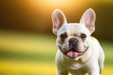 Fototapeta premium Portrait of dog French bulldog breed, pet with white color on a walk in park, isolated on blurred background , backlight, copy space