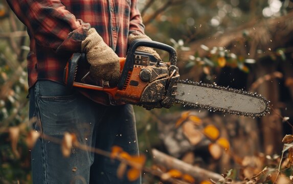 Person in plaid shirt and jeans holding a chainsaw, surrounded by flying wood chips, amidst dense foliage.