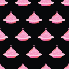 Turkish delight seamless pattern traditional decorated copper plate with cap isolated on background. Turkish antique utensils series food dish. Cartoon flat vector illustration in flat style.