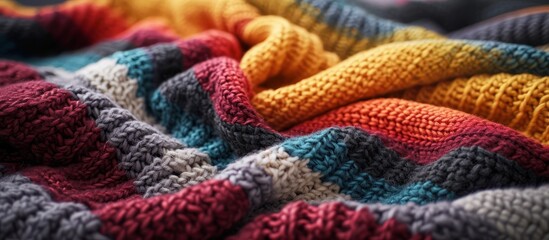 Textured knitted blanket in pleasing hues, crafted from woolen yarn with a distinct pattern.