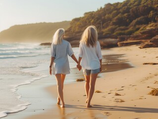 mother and daughter on beach - obrazy, fototapety, plakaty