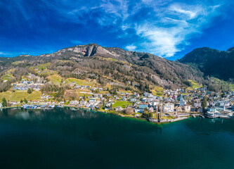 Obraz premium Aerial view of the Vitznau village by lake Lucerne in Central Switzerland