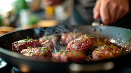 close up of a chef cooking beef meat. home kitchen stove, delicous meat, cuisine, landscape