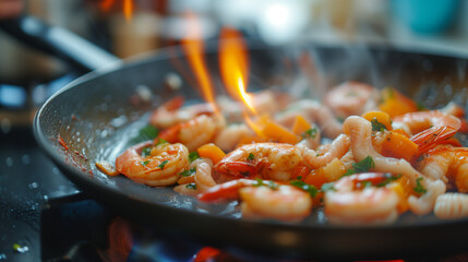 close up of a chef cooking shrimp. home kitchen stove, delicous meat, cuisine, landscape