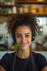portrait of a woman, chef, kitchen blurred background, smiling, professional chef, cuisine, light brown skin, mid 25years