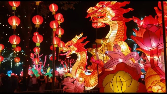 Closeup of a huge colorful bright glowing chinese dragon Lun during the Chinese New Year celebration. Lantern festival during night. People are walking in the lantern festival in China. 