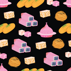 Turkish cuisine traditional dishes seamless pattern eastern sweets. Baklava, lokum east delicious dessert food . Sweet oriental delight vector illustration modern cartoon flat style background.