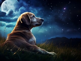 A dog sitting in the grass looking out over the night sky stars