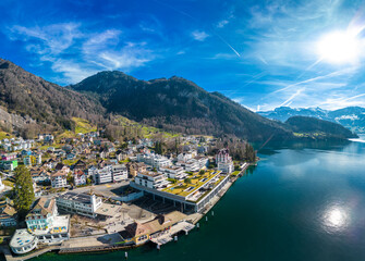 Fototapeta na wymiar Aerial view of the Vitznau village by lake Lucerne in Central Switzerland