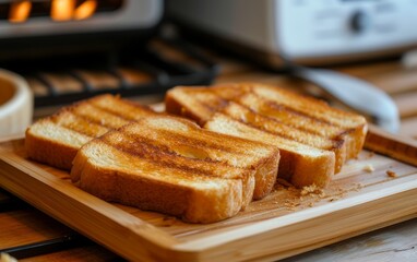 Close-up of several golden brown toasts on a wooden tray, with a toaster in the background.