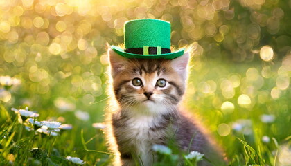 Kitten in green top hat, green grass on background, St. Patrick's Day  concept