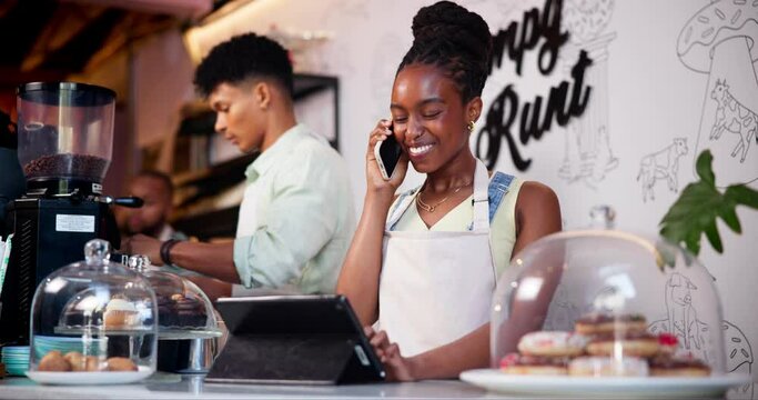 Cafe, woman and talking with tablet in phone call for online order in food delivery, takeaway or small business. Virtual, client and contact cashier for services at coffee shop with African barista