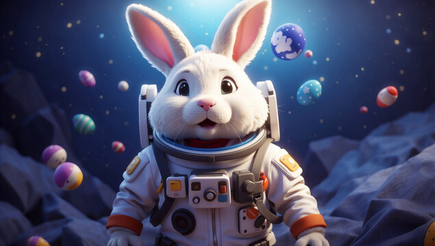 A sweet white Easter bunny in space