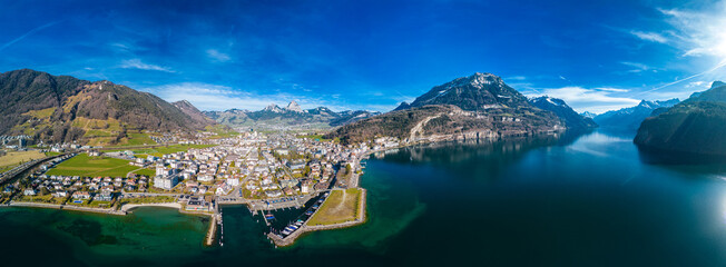 Panoramic drone view of Brunnen and  Ingenbohl, Switzerland