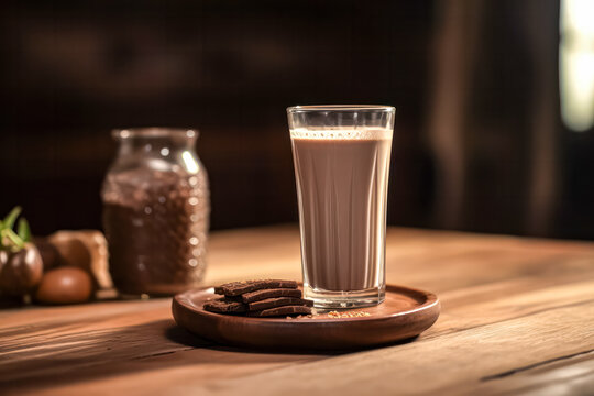 Savor the moment with a tempting glass of rich chocolate milk, invitingly placed on a rustic wooden table. A delightful indulgence captured in a single image.