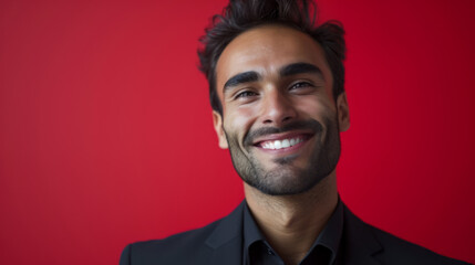 Obraz premium Close up portrait of a smiling business man against a red studio background