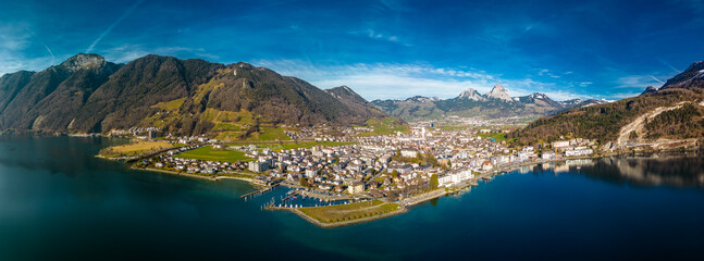 Fototapeta na wymiar Panoramic drone view of Brunnen and Ingenbohl, Switzerland