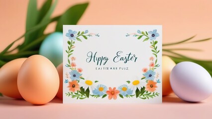 Easter greeting card, Happy Easter banner, easter eggs, flowers , greetings and eggs on peach fuzz background