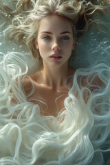 belle femme blonde, portant une robe en voile blanche, se fondant avec l'eau de la mer, photo de mode, douceur et sensualité