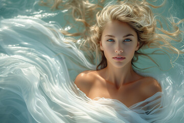 belle femme blonde, portant une robe en voile blanche, se fondant avec l'eau de la mer, photo de mode, douceur et sensualité