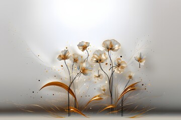 Abstract floral background with orchids and golden leaves.