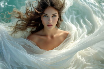 belle femme brune, portant une robe en voile blanche, se fondant avec l'eau de la mer, photo de mode, douceur et sensualité