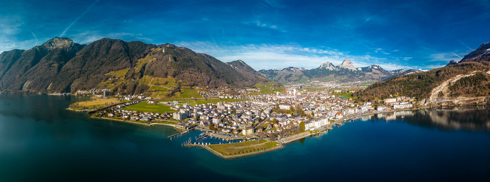 Panoramic drone view of Brunnen and  Ingenbohl, Switzerland