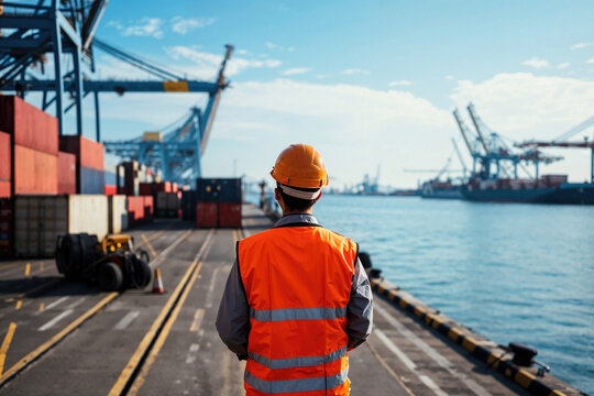 Worker overseeing operations at a busy container port Generative AI image