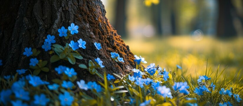 Blue flowers blooming beside tree trunk in Spring.