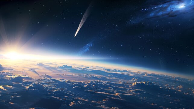 A mesmerizing scene of a bright comet streaking across the starry sky above Earth's serene, cloudy atmosphere.