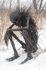 photo of a withered ghoul, lupine wendigo: an enormous worried black humanoid creature